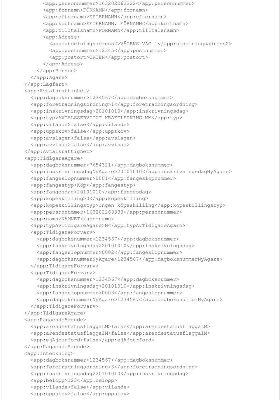 </app:adress> </app:person> </app:agare> </app:lagfart> <app:avtalsrattighet> <app:>1234567</app:> <app:foretradningsordning>1</app:foretradningsordning>