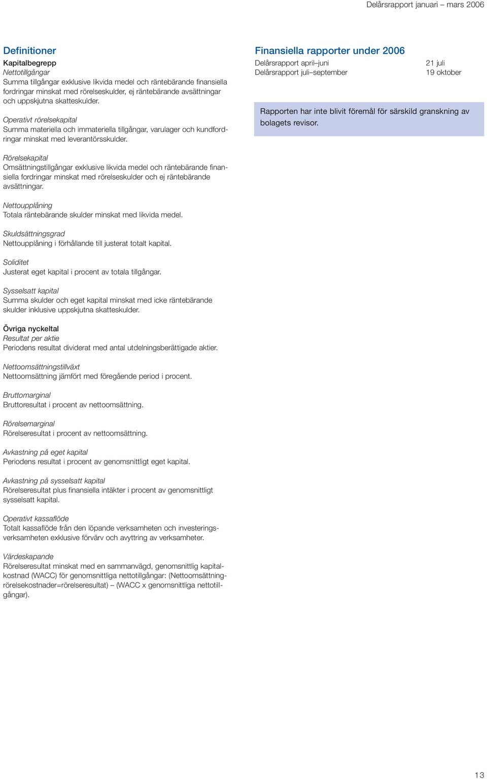 Finansiella rapporter under 2006 Delårsrapport april juni Delårsrapport juli september 21 juli 19 oktober Rapporten har inte blivit föremål för särskild granskning av bolagets revisor.