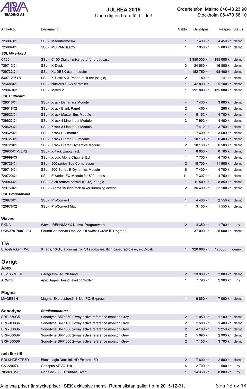 - Nucleus DAW controller 1 42 800 kr 25 100 kr demo 729940X2 SSL - Matrix 2 1 191 800 kr 135 000 kr demo SSL Outboard 729618X1 SSL - Xrack Dynamics Module 4 7 400 kr 3 800 kr demo 729618X2 SSL -