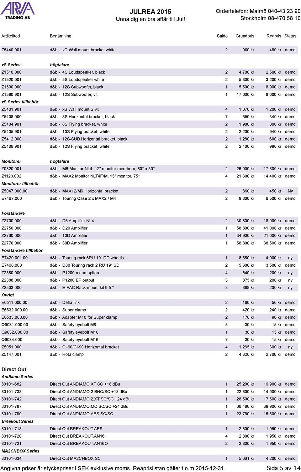 901 d&b - 12S Subwoofer, vit 1 17 000 kr 8 000 kr demo xs Series tillbehör Z5401.901 d&b - xs Wall mount S vit 4 1 870 kr 1 200 kr demo Z5408.