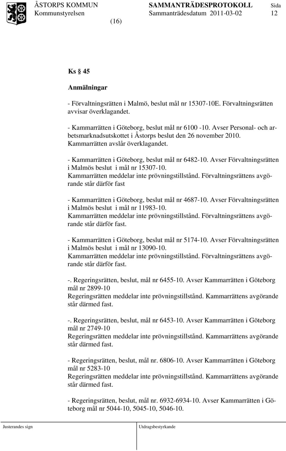 - Kammarrätten i Göteborg, beslut mål nr 6482-10. Avser Förvaltningsrätten i Malmös beslut i mål nr 15307-10. Kammarrätten meddelar inte prövningstillstånd.