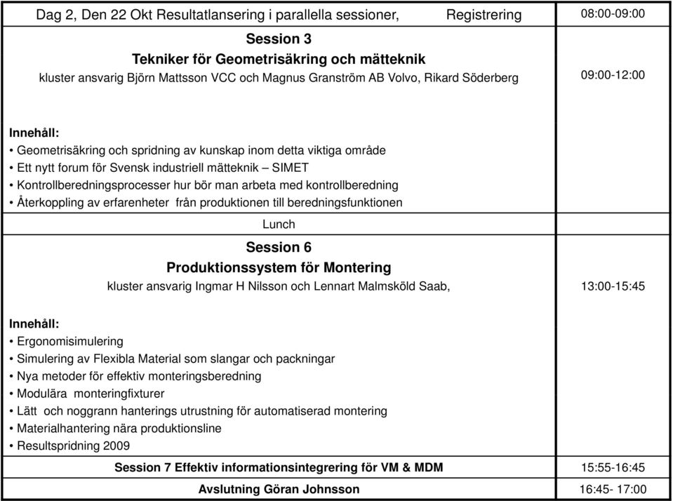 arbeta med kontrollberedning Återkoppling av erfarenheter från produktionen till beredningsfunktionen Lunch Session 6 Produktionssystem för Montering kluster ansvarig Ingmar H Nilsson och Lennart