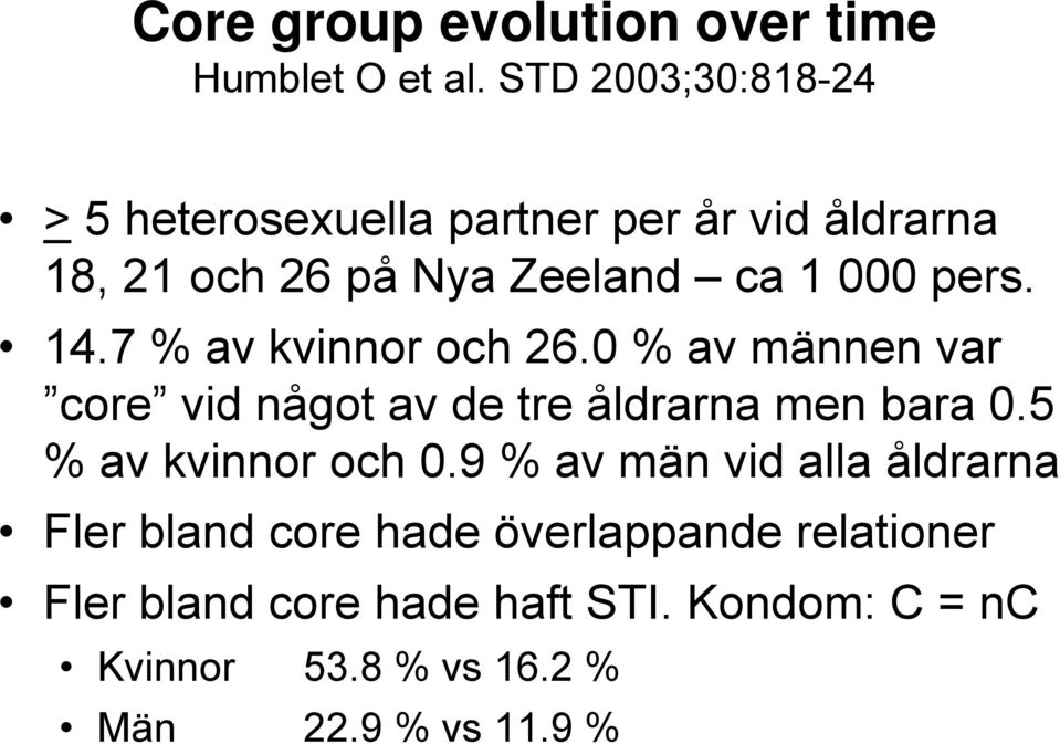 pers. 14.7 % av kvinnor och 26.0 % av männen var core vid något av de tre åldrarna men bara 0.