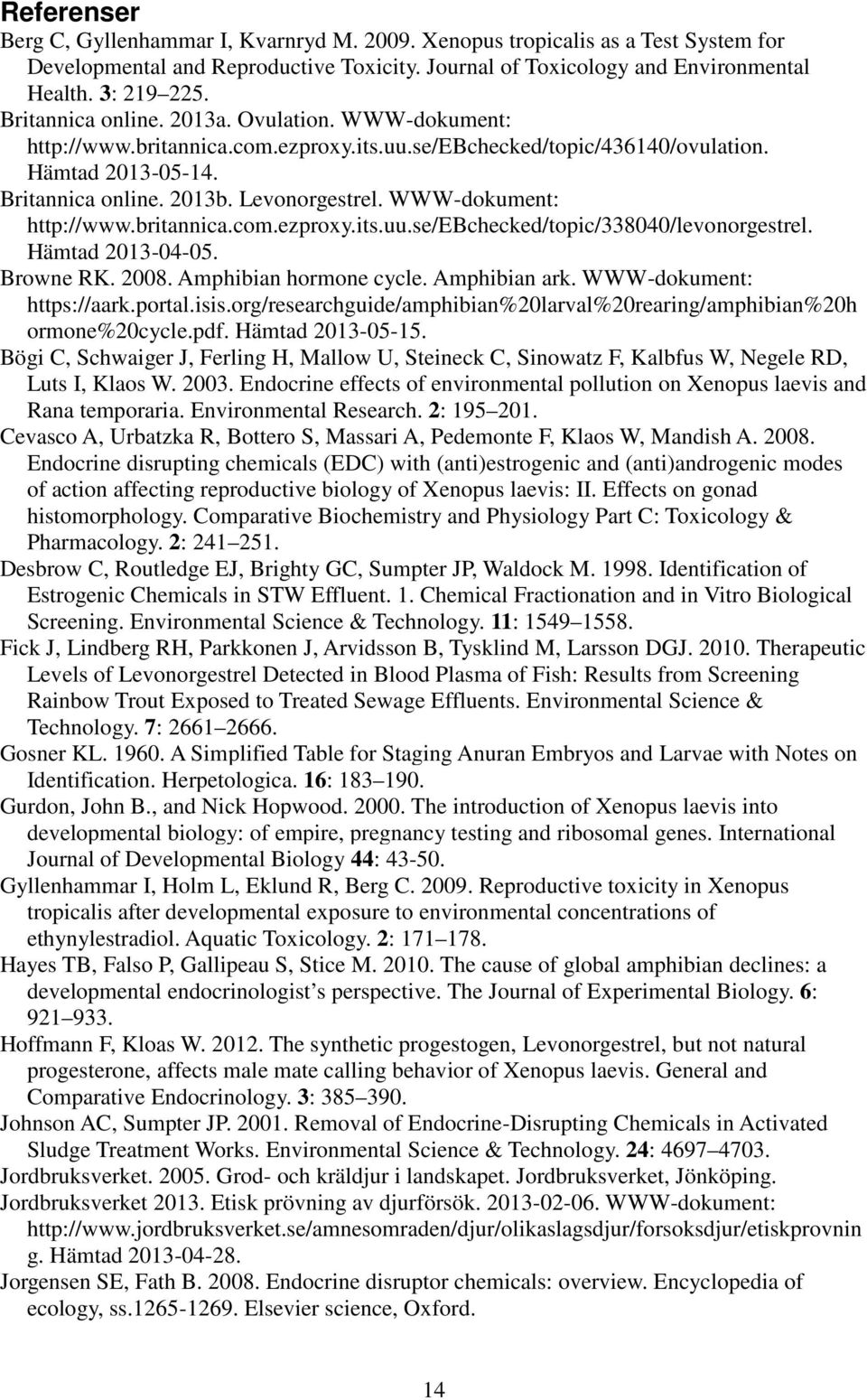 WWW-dokument: http://www.britannica.com.ezproxy.its.uu.se/ebchecked/topic/338040/levonorgestrel. Hämtad 2013-04-05. Browne RK. 2008. Amphibian hormone cycle. Amphibian ark. WWW-dokument: https://aark.