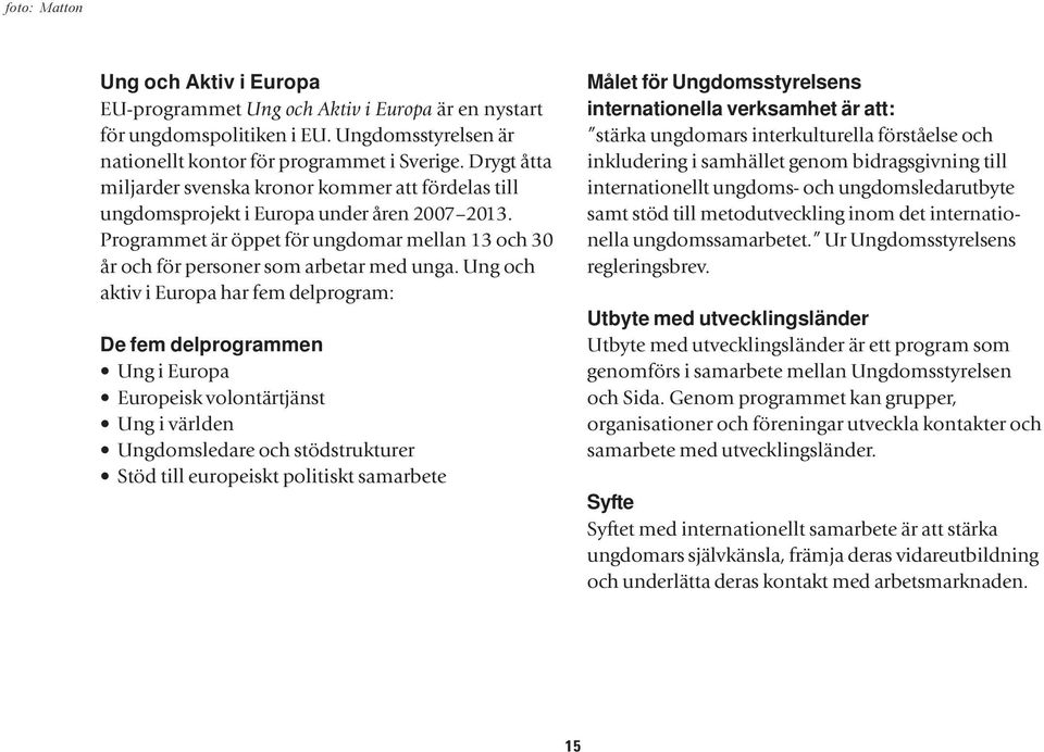 Ung och aktiv i Europa har fem delprogram: De fem delprogrammen Ung i Europa Europeisk volontärtjänst Ung i världen Ungdomsledare och stödstrukturer Stöd till europeiskt politiskt samarbete Målet för