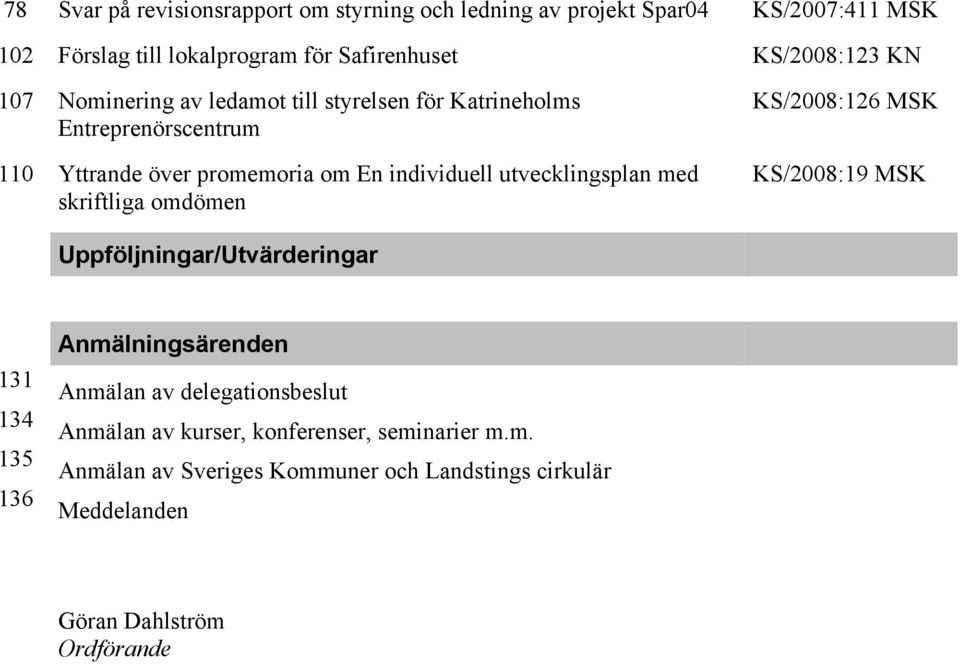 utvecklingsplan med skriftliga omdömen KS/2008:126 MSK KS/2008:19 MSK Uppföljningar/Utvärderingar 131 134 135 136 Anmälningsärenden Anmälan av