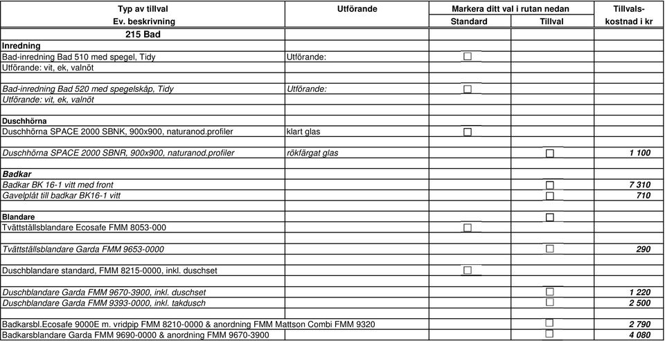 profiler rökfärgat glas 1 100 Badkar Badkar BK 16-1 t med front 7 310 Gavelplåt till badkar BK16-1 t 710 Blandare Tvättställsblandare Ecosafe FMM 8053-000 Tvättställsblandare Garda FMM 9653-0000 290