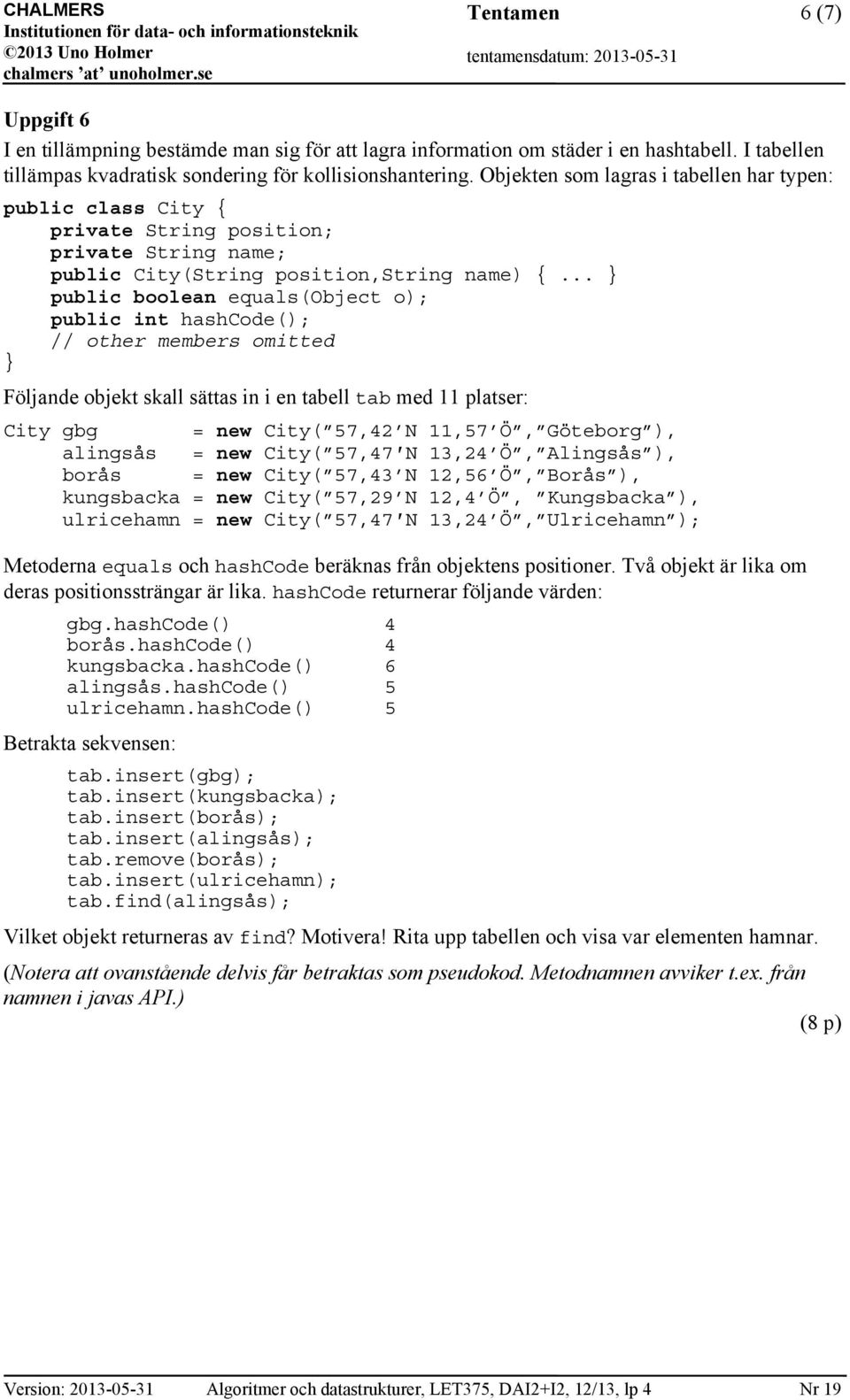 .. public boolean equals(object o); public int hashcode(); // other members omitted Följande objekt skall sättas in i en tabell tab med 11 platser: City gbg = new City( 57,42 N 11,57 Ö, Göteborg ),