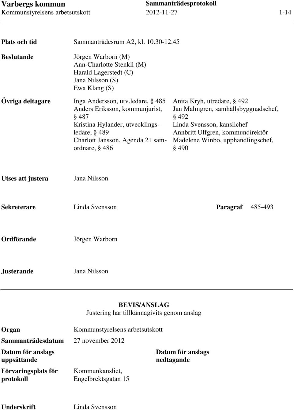 ledare, 485 Anders Eriksson, kommunjurist, 487 Kristina Hylander, utvecklingsledare, 489 Charlott Jansson, Agenda 21 samordnare, 486 Anita Kryh, utredare, 492 Jan Malmgren, samhällsbyggnadschef, 492