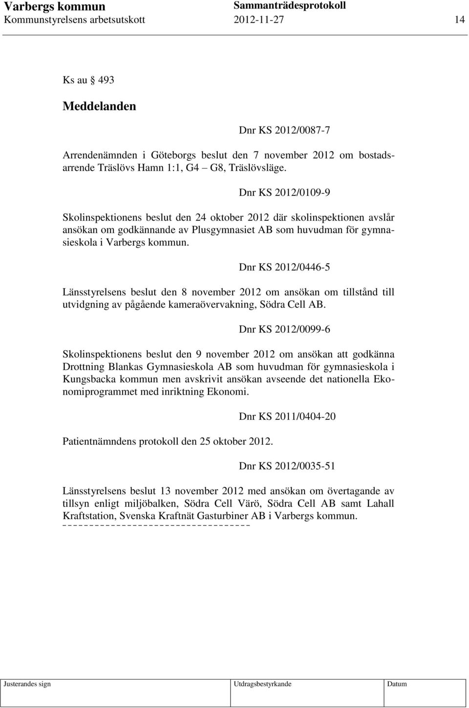 Dnr KS 2012/0446-5 Länsstyrelsens beslut den 8 november 2012 om ansökan om tillstånd till utvidgning av pågående kameraövervakning, Södra Cell AB.