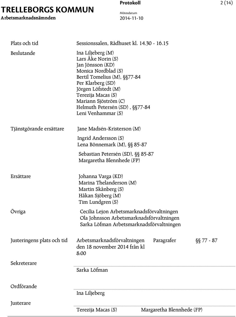 Petersén (SD), 77-84 Leni Venhammar (S) Tjänstgörande ersättare Ersättare Övriga Jane Madsén-Kristerson (M) Ingrid Andersson (S) Lena Bönnemark (M), 85-87 Sebastian Petersén (SD), 85-87 Margaretha