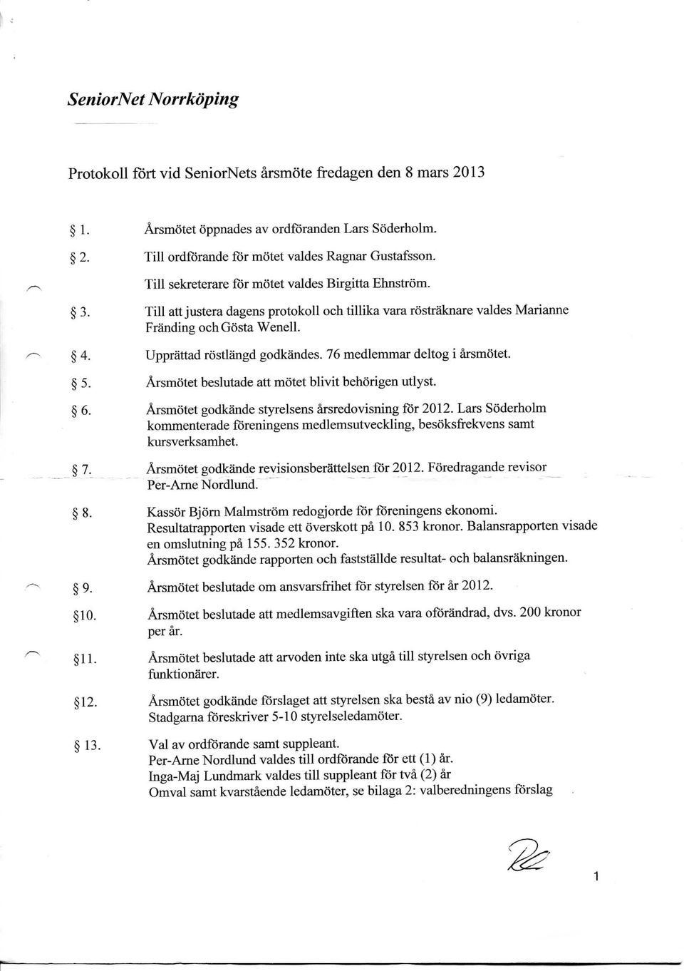 76 medlemmar deltog i arsmotet. 5. Arsmotet beslutade att motet blivit behorigen utlyst. 6. Arsmotet godkande styrelsens arsredovisning for 2012.