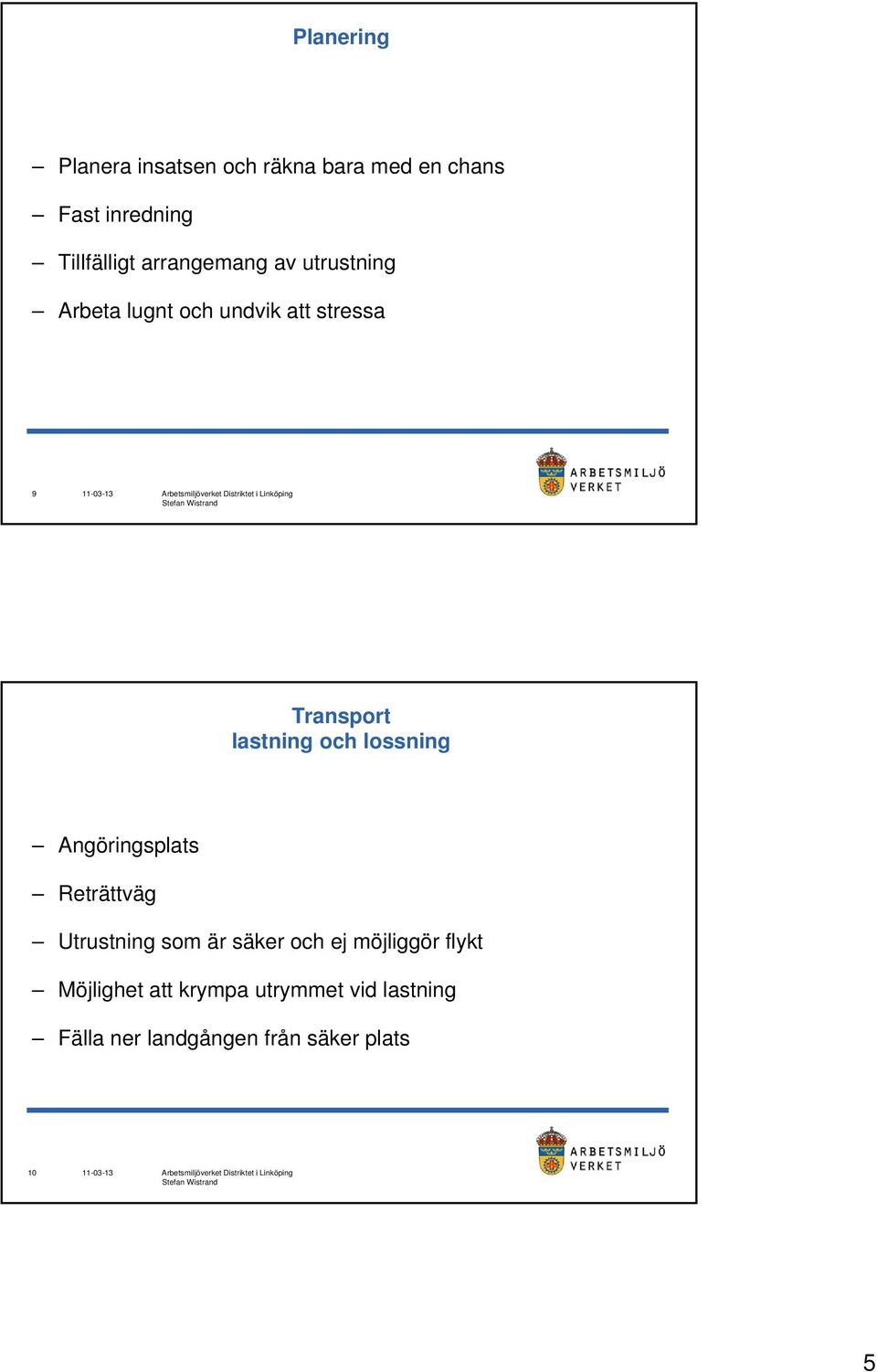 och lossning Angöringsplats Reträttväg Utrustning som är säker och ej möjliggör