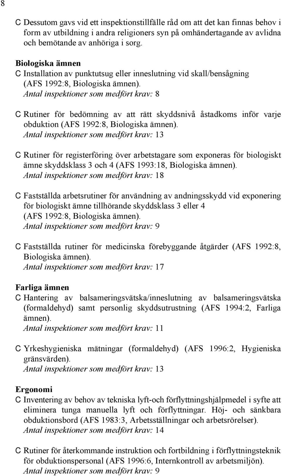 Antal inspektioner som medfört krav: 8 C Rutiner för bedömning av att rätt skyddsnivå åstadkoms inför varje obduktion (AFS 1992:8, Biologiska ämnen).