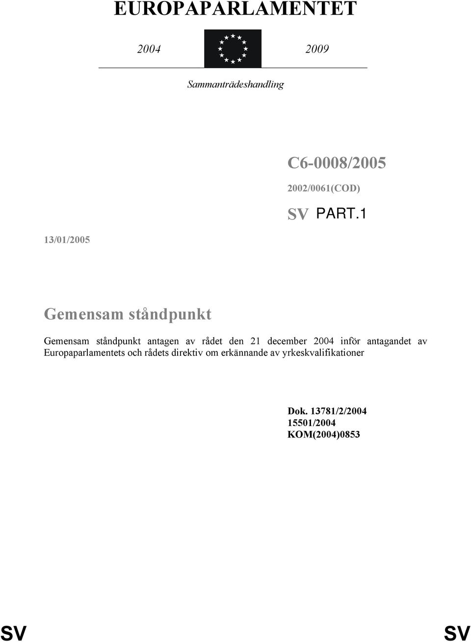 december 2004 inför antagandet av Europaparlamentets och rådets direktiv om
