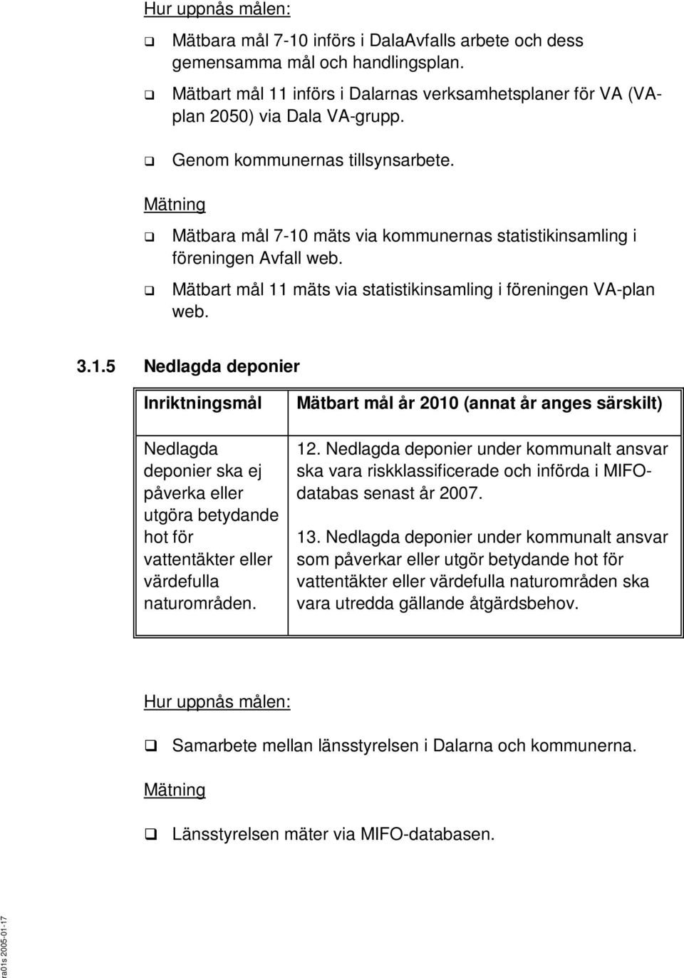 Mätbart mål år 2010 (annat år anges särskilt) 12. Nedlagda deponier under kommunalt ansvar ska vara riskklassificerade och införda i MIFOdatabas senast år 2007. 13.