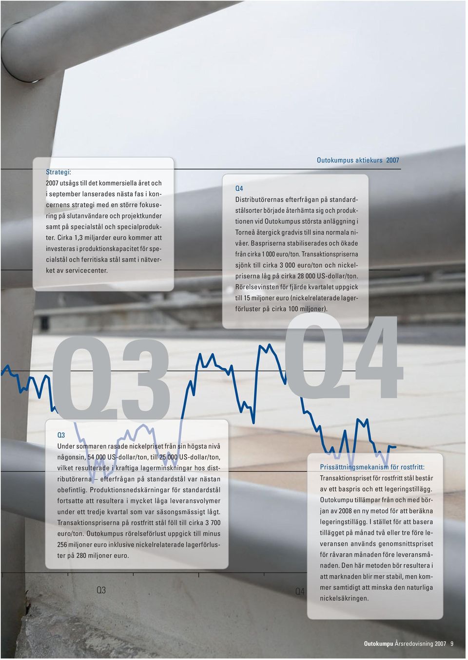 Q3 Outokumpus aktiekurs 2007 Q4 Distributörernas efterfrågan på standardstålsorter började återhämta sig och produktionen vid Outokumpus största anläggning i Torneå återgick gradvis till sina normala