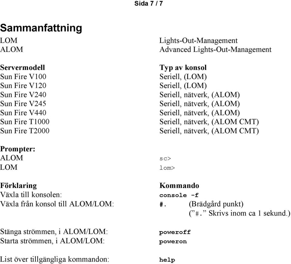 nätverk, (ALOM) Seriell, nätverk, (ALOM CMT) Seriell, nätverk, (ALOM CMT) sc> lom> Förklaring Kommando Växla till konsolen: console -f Växla från konsol till