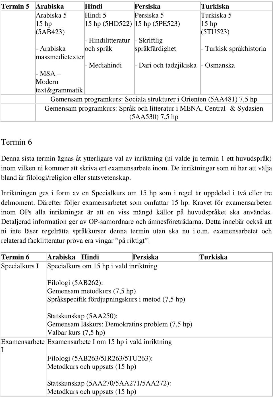MENA, Central- & Sydasien (5AA530) Termin 6 Denna sista termin ägnas åt ytterligare val av inriktning (ni valde ju termin 1 ett huvudspråk) inom vilken ni kommer att skriva ert examensarbete inom.