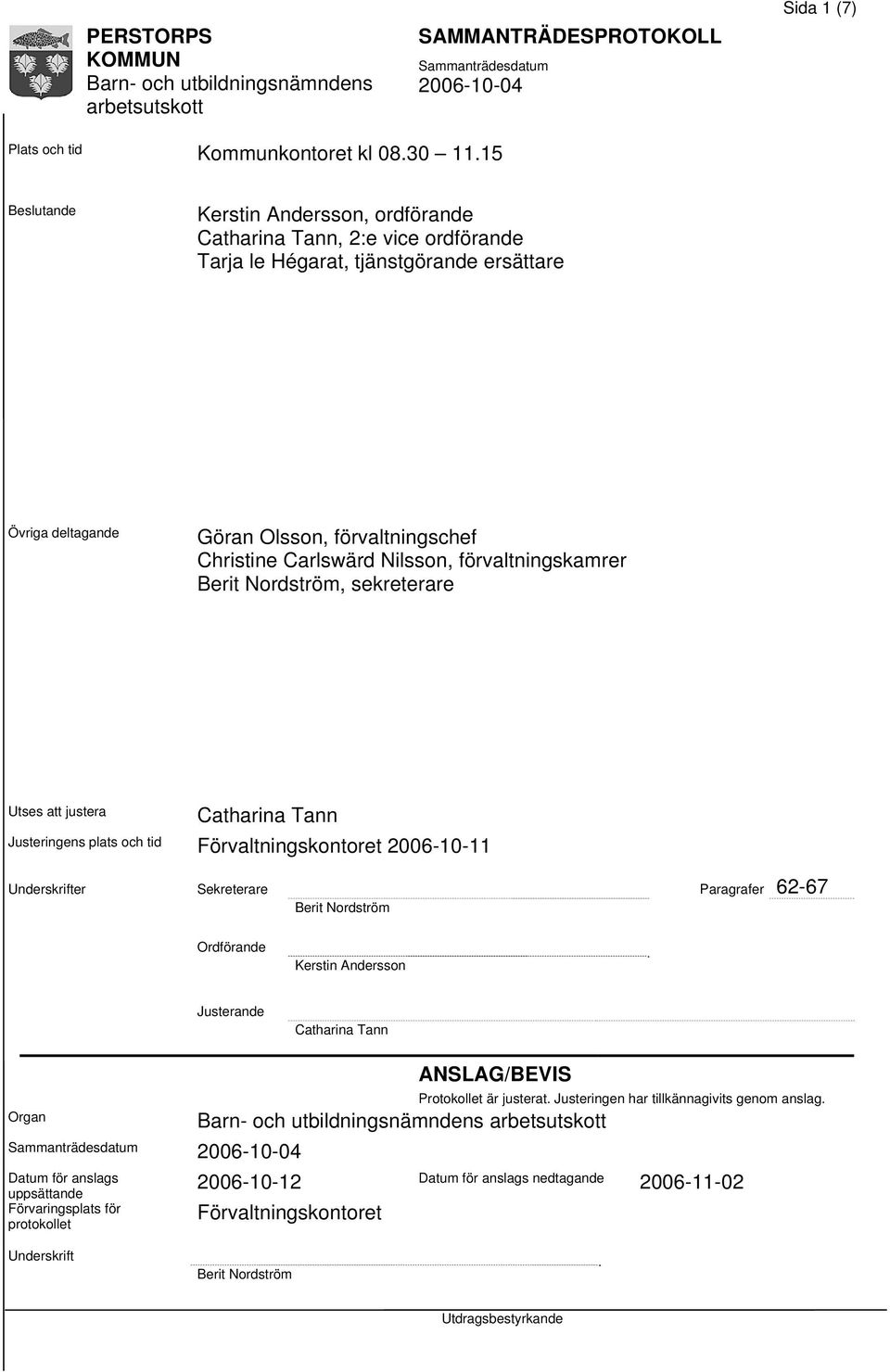 Carlswärd Nilsson, förvaltningskamrer Berit Nordström, sekreterare Utses justera Catharina Tann Justeringens plats och tid Förvaltningskontoret 2006-10-11 Underskrifter Sekreterare