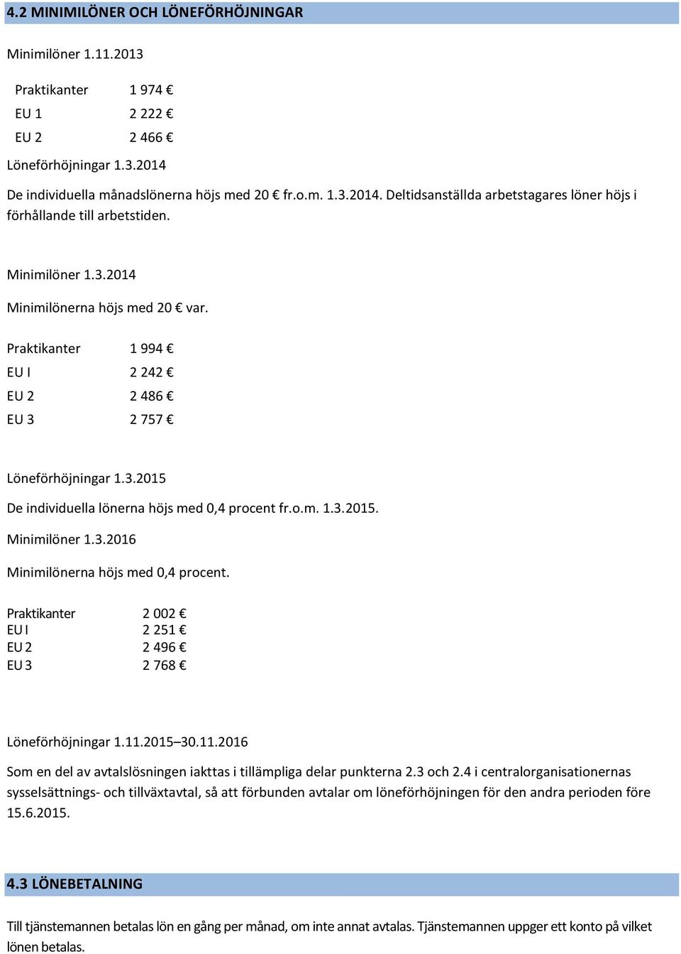 3.2016 Minimilönerna höjs med 0,4 procent. Praktikanter 2 002 EU I 2 251 EU 2 2 496 EU 3 2 768 Löneförhöjningar 1.11.2015 30.11.2016 Som en del av avtalslösningen iakttas i tillämpliga delar punkterna 2.