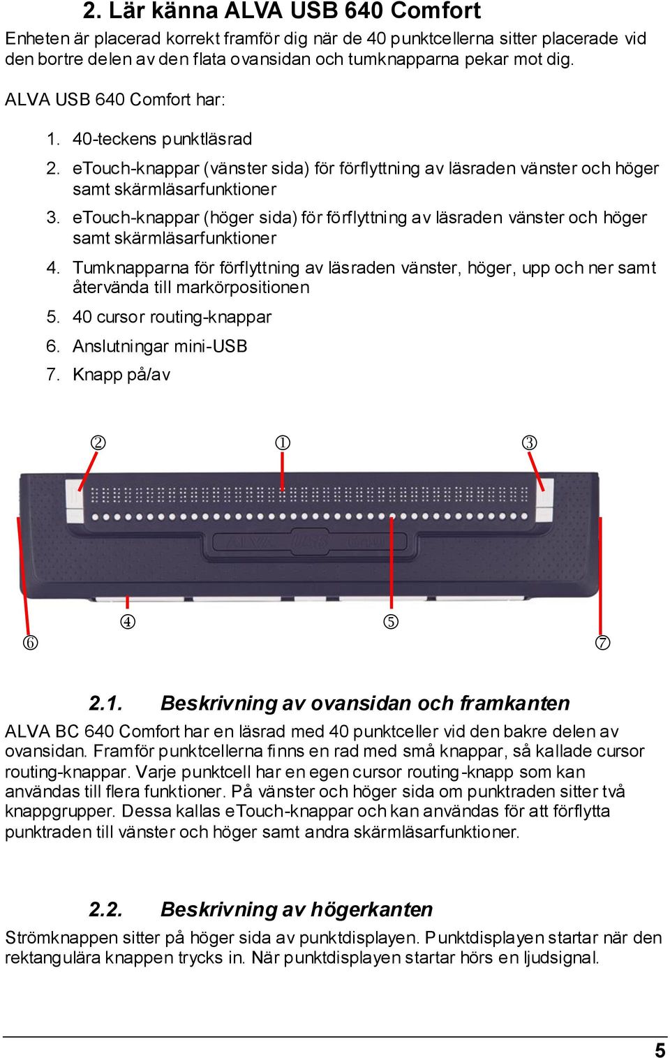 etouch-knappar (höger sida) för förflyttning av läsraden vänster och höger samt skärmläsarfunktioner 4.