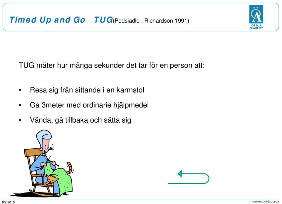 Resa sig från sittande i en karmstol Gå 3meter med