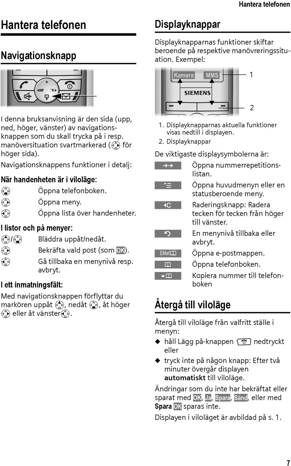 Navigationsknappens funktioner i detalj: När handenheten är i viloläge: s Öppna telefonboken. v Öppna meny. u Öppna lista över handenheter. I listor och på menyer: t/s Bläddra uppåt/nedåt.