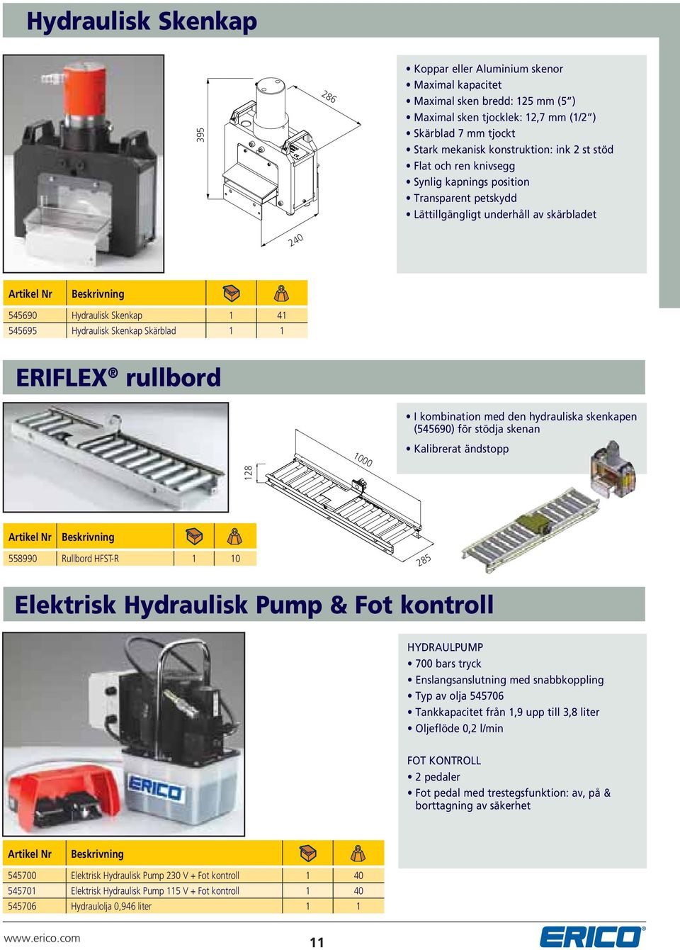 rullbord I kombination med den hydrauliska skenkapen (545690) för stödja skenan 1000 Kalibrerat ändstopp 128 558990 Rullbord HFST-R 1 10 285 Elektrisk Hydraulisk Pump & Fot kontroll HYDRAULPUMP 700