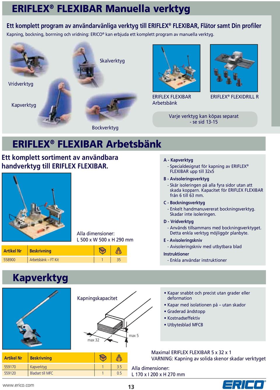 Skalverktyg Vridverktyg Kapverktyg ERIFLEX FLEXIBAR Arbetsbänk ERIFLEX FLEXIDRILL R Bockverktyg Varje verktyg kan köpas separat - se sid 13-15 ERIFLEX FLEXIBAR Arbetsbänk Ett komplett sortiment av