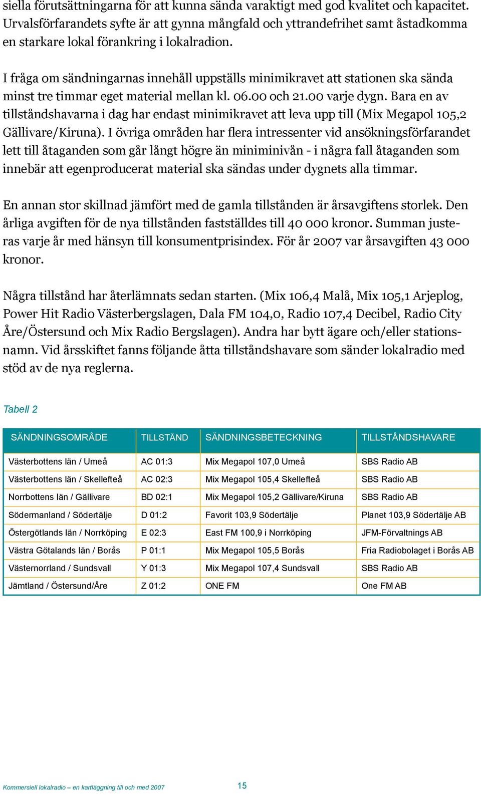 I fråga om sändningarnas innehåll uppställs minimikravet att stationen ska sända minst tre timmar eget material mellan kl. 06.00 och 21.00 varje dygn.