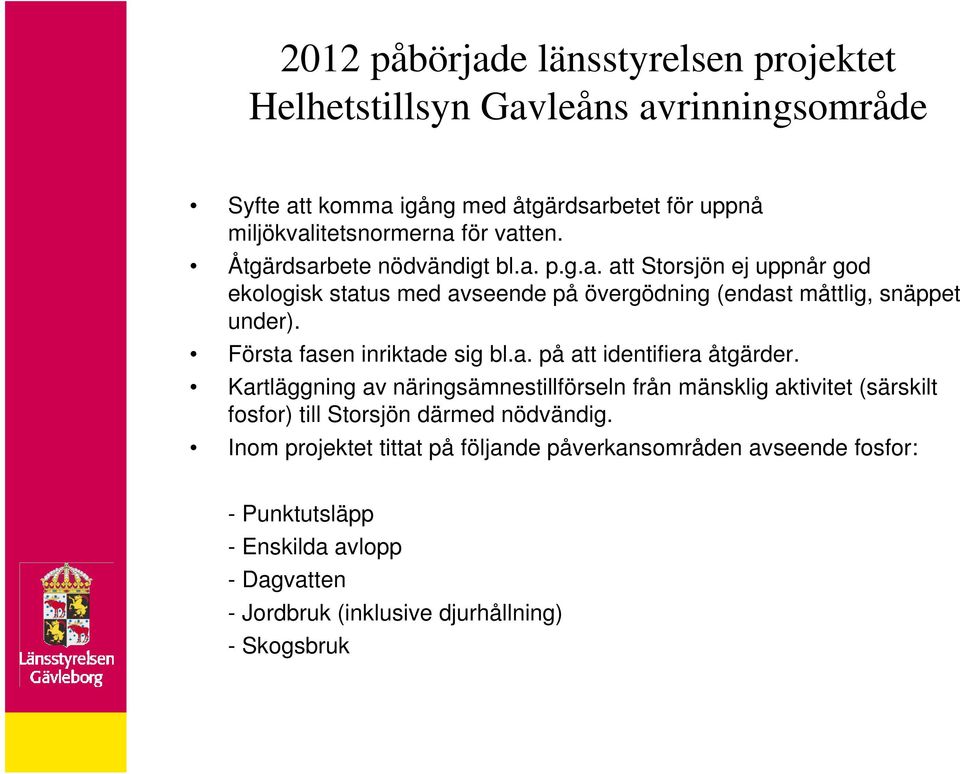 Första fasen inriktade sig bl.a. på att identifiera åtgärder.
