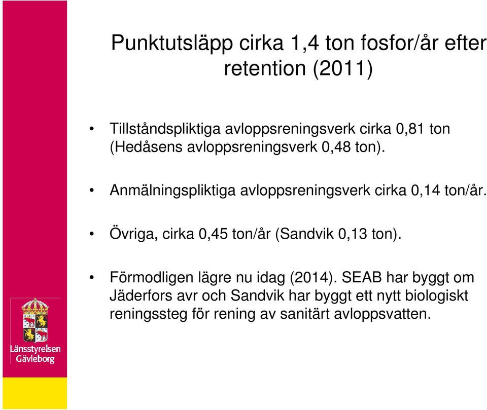 Anmälningspliktiga avloppsreningsverk cirka 0,14 ton/år. Övriga, cirka 0,45 ton/år (Sandvik 0,13 ton).