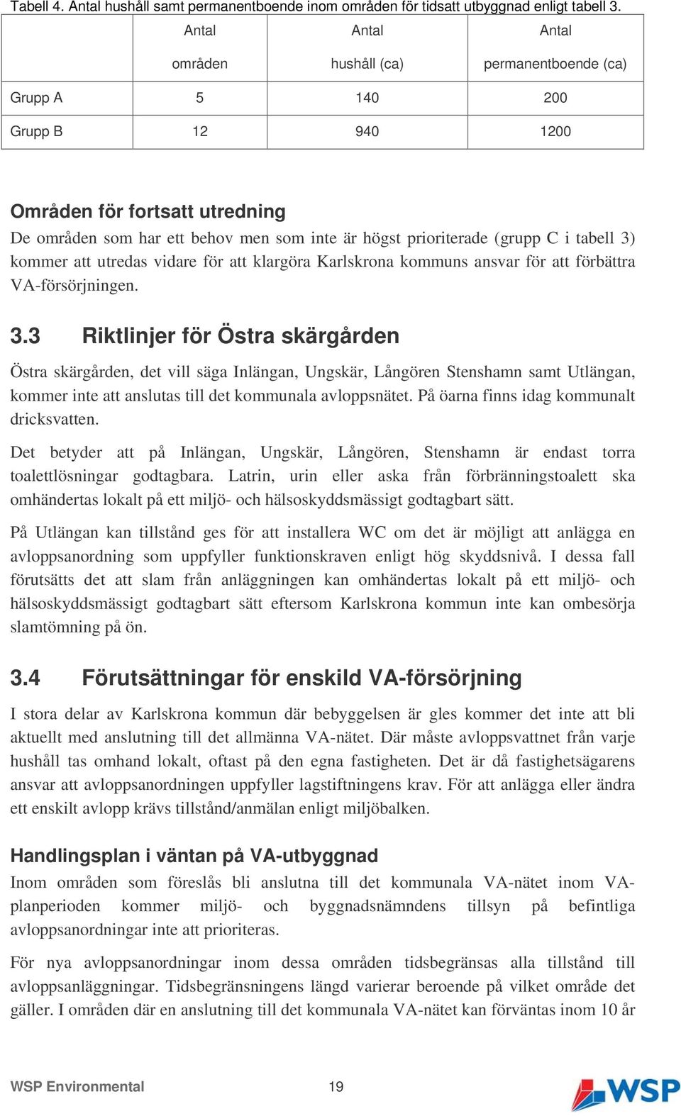 C i tabell 3) kommer att utredas vidare för att klargöra Karlskrona kommuns ansvar för att förbättra VA-försörjningen. 3.3 Riktlinjer för Östra skärgården Östra skärgården, det vill säga Inlängan, Ungskär, Långören Stenshamn samt Utlängan, kommer inte att anslutas till det kommunala avloppsnätet.