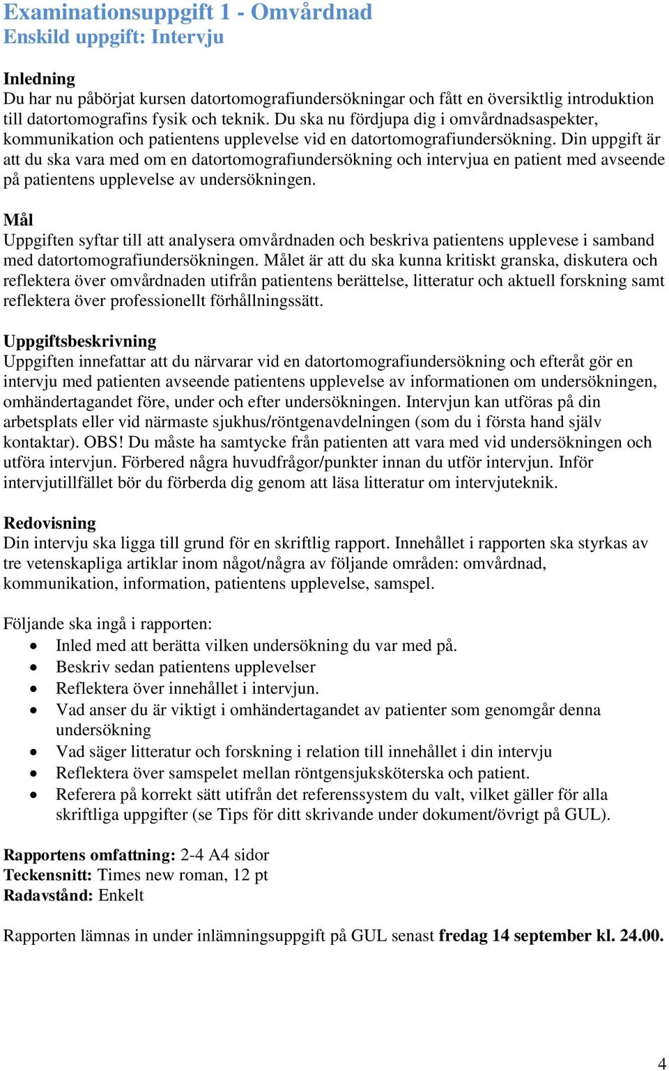 Din uppgift är att du ska vara med om en datortomografiundersökning och intervjua en patient med avseende på patientens upplevelse av undersökningen.