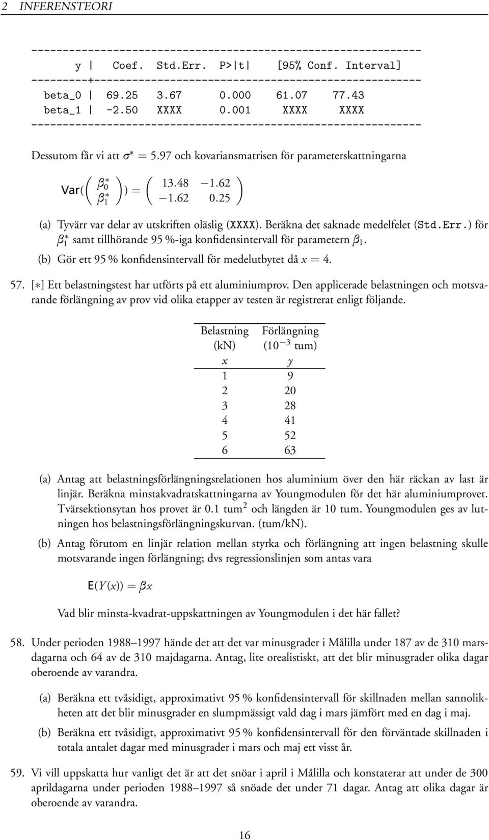 97 och kovariansmatrisen för parameterskattningarna Var(( 0 1 ) ( 13.48 1.62 ) = 1.62 0.25 ) (a) Tyvärr var delar av utskriften oläslig (XXXX). Beräkna det saknade medelfelet (Std.Err.