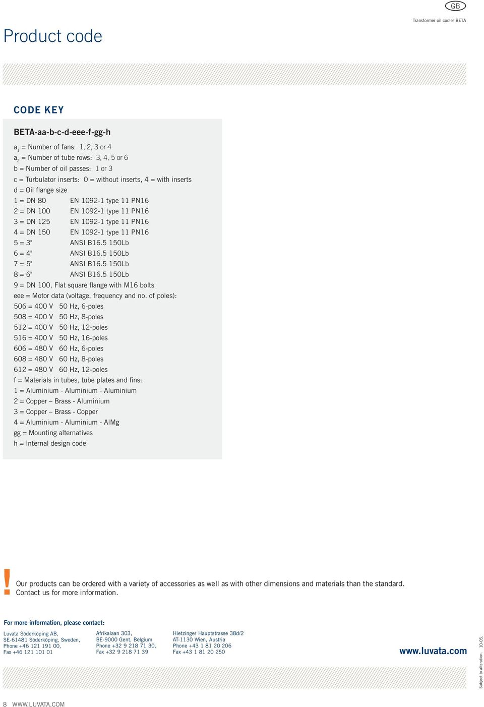 type 11 PN16 5 = 3" ANSI B16.5 150Lb 6 = 4" ANSI B16.5 150Lb 7 = 5" ANSI B16.5 150Lb 8 = 6" ANSI B16.5 150Lb 9 = DN 100, Flat square flange with M16 bolts eee = Motor data (voltage, frequency and no.