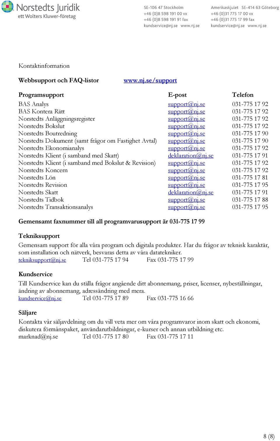 se 031-775 17 90 Norstedts Dokument (samt frågor om Fastighet Avtal) support@nj.se 031-775 17 90 Norstedts Ekonomianalys support@nj.