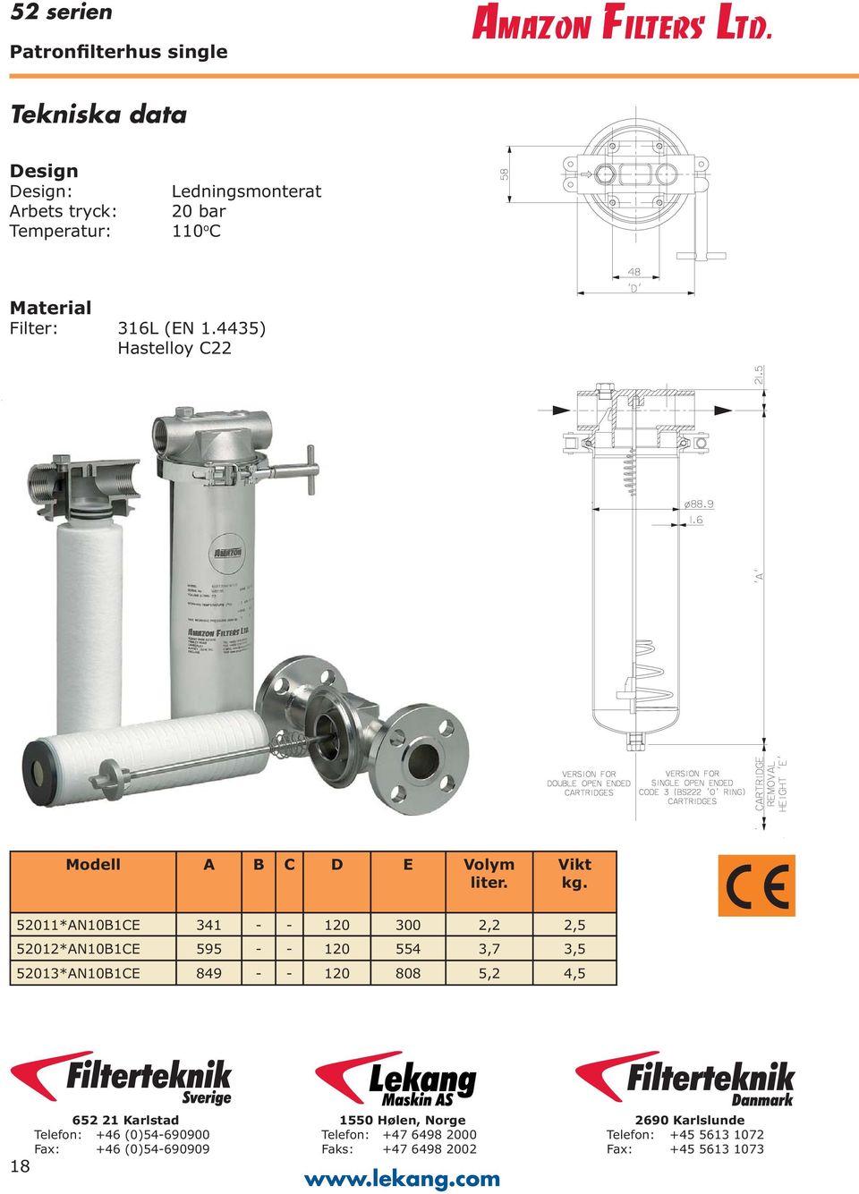 4435) Hastelloy C22 Modell A B C D E Volym liter. Vikt kg.