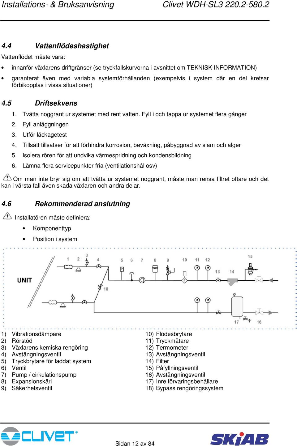 Fyll anläggningen 3. Utför läckagetest 4. Tillsätt tillsatser för att förhindra korrosion, beväxning, påbyggnad av slam och alger 5. Isolera rören för att undvika värmespridning och kondensbildning 6.