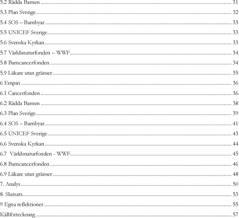 3 Plan Sverige... 39 6.4 SOS Barnbyar... 41 6.5 UNICEF Sverige... 43 6.6 Svenska Kyrkan... 44 6.7 Världsnaturfonden - WWF... 45 6.