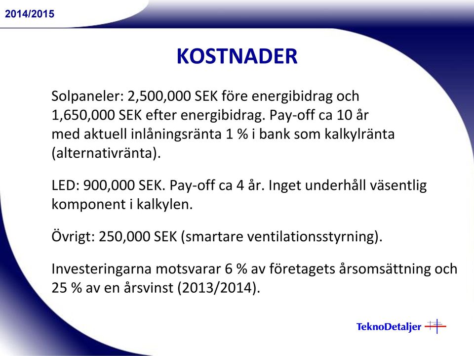 LED: 900,000 SEK. Pay-off ca 4 år. Inget underhåll väsentlig komponent i kalkylen.