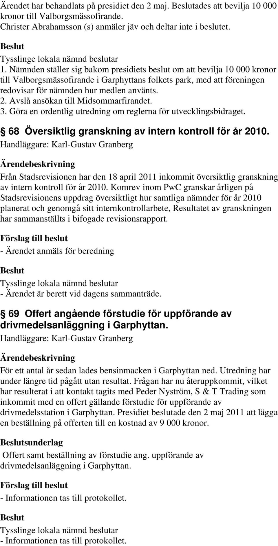 Nämnden ställer sig bakom presidiets beslut om att bevilja 10 000 kronor till Valborgsmässofirande i Garphyttans folkets park, med att föreningen redovisar för nämnden hur medlen använts. 2.