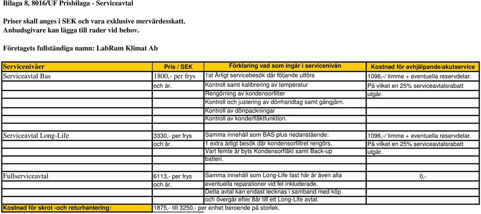 servicebesök där följande utförs 109,-/ timme + eventuella reservdelar. och år. Kontroll samt kalibrering av temperatur På vilket en 2% serviceavtalsrabatt Rengörning av kondensorfilter utgår.