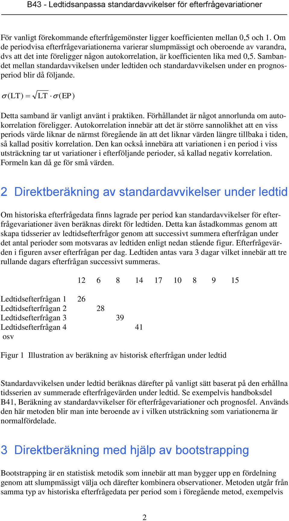 Sambandet mellan standardavvikelsen under ledtiden och standardavvikelsen under en prognosperiod blir då följande. ( LT) LT ( EP) Detta samband är vanligt använt i praktiken.