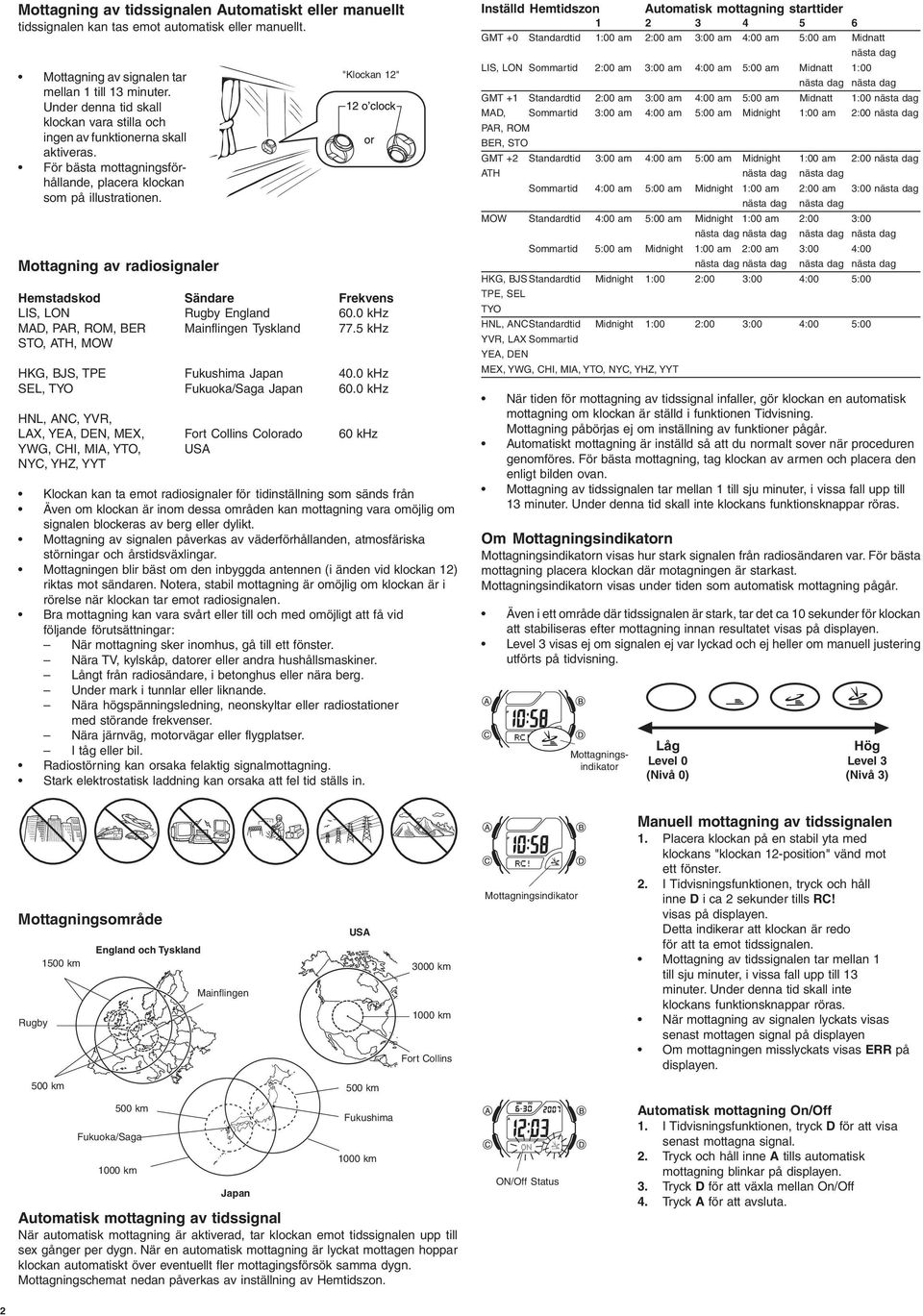 Mottagning av radiosignaler "Klockan 12" Hemstadskod Sändare Frekvens LIS, LON Rugby England 60.0 khz MAD, PAR, ROM, BER Mainflingen Tyskland 77.5 khz STO, ATH, MOW HKG, BJS, TPE Fukushima Japan 40.