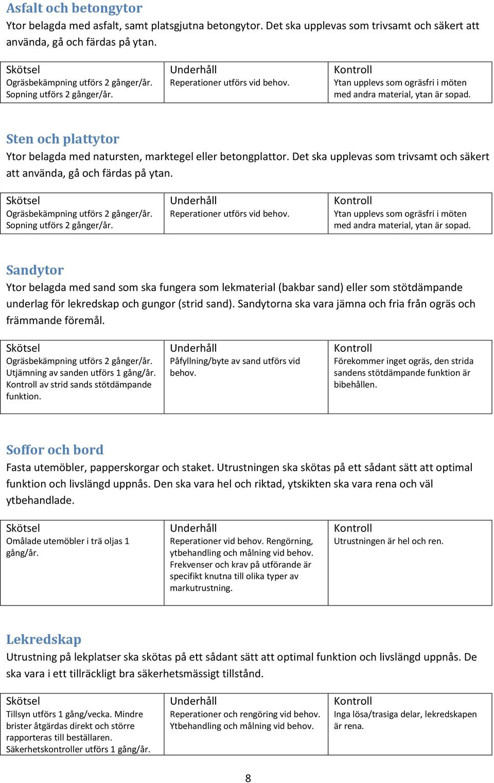 Sten och plattytor Ytor belagda med natursten, marktegel eller betongplattor. Det ska upplevas som trivsamt och säkert att använda, gå och färdas på ytan. Ogräsbekämpning utförs 2 gånger/år.