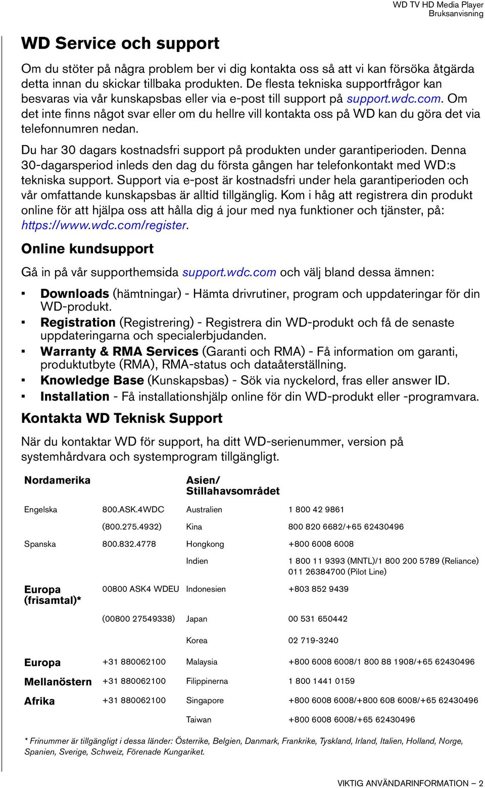 Om det inte finns något svar eller om du hellre vill kontakta oss på WD kan du göra det via telefonnumren nedan. Du har 30 dagars kostnadsfri support på produkten under garantiperioden.