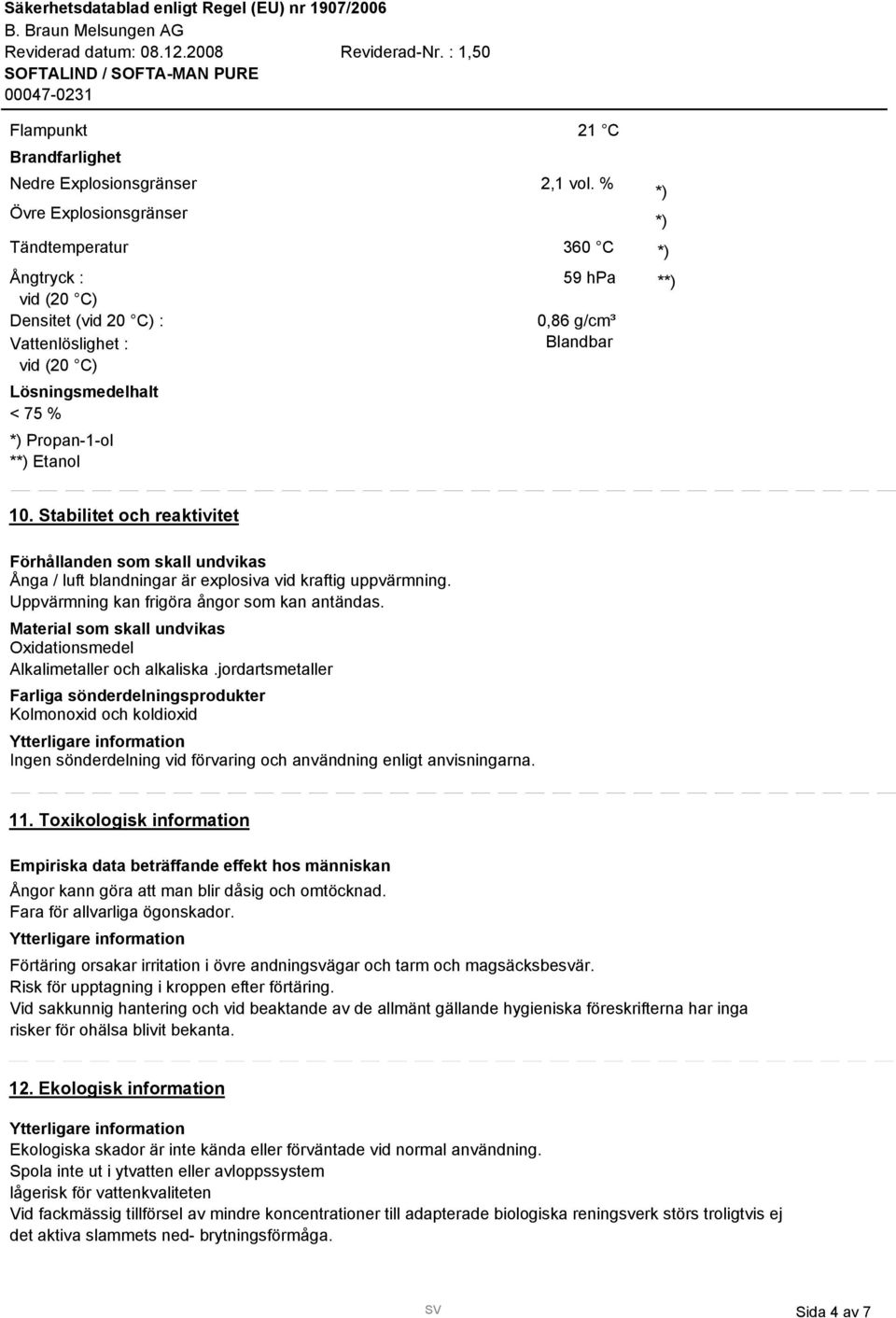 Uppvärmning kan frigöra ångor som kan antändas. Material som skall undvikas Oxidationsmedel Alkalimetaller och alkaliska.