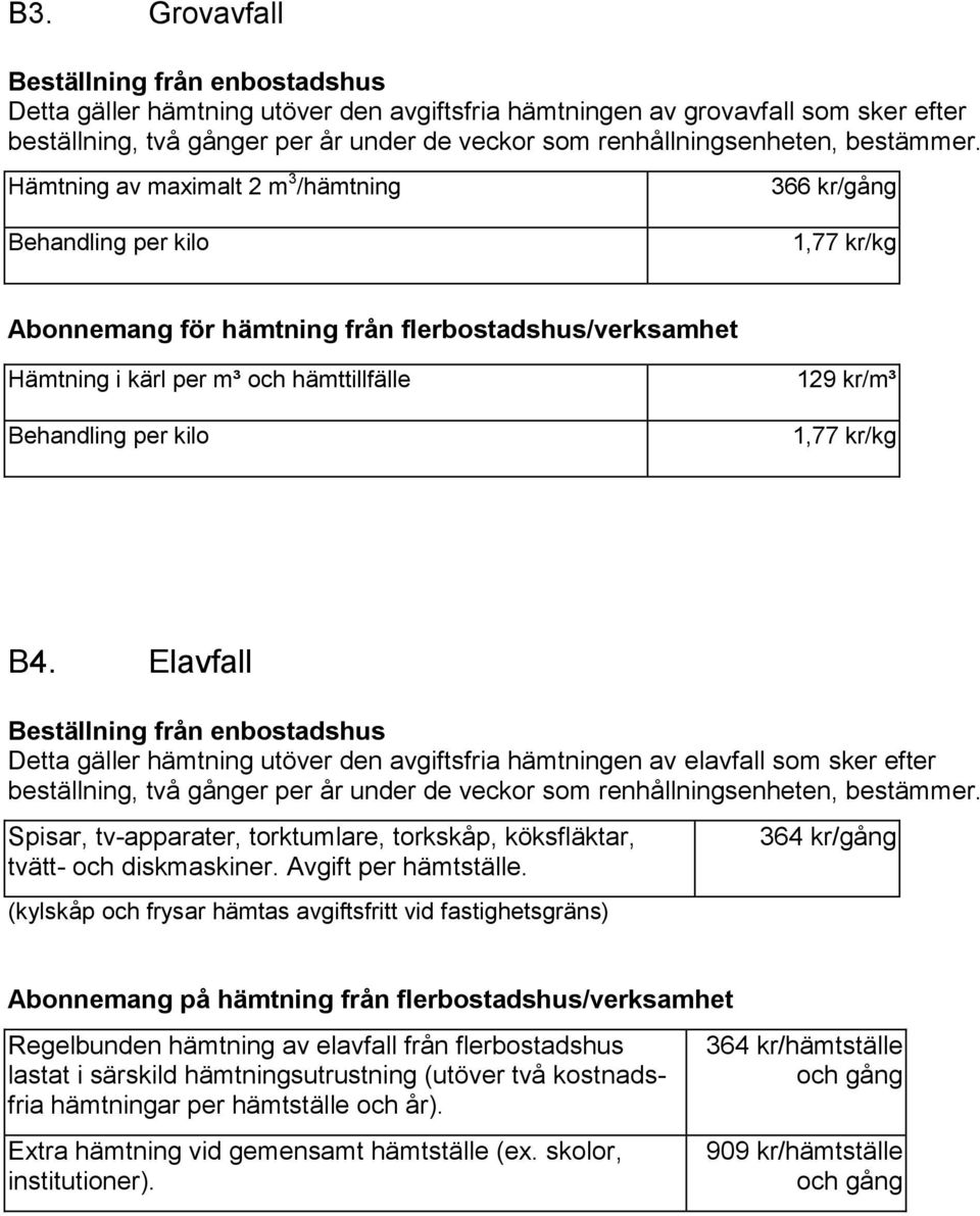 Hämtning av maximalt 2 m 3 /hämtning Behandling per kilo 366 kr/gång 1,77 kr/kg Abonnemang för hämtning från flerbostadshus/verksamhet Hämtning i kärl per m³ och hämttillfälle Behandling per kilo 129